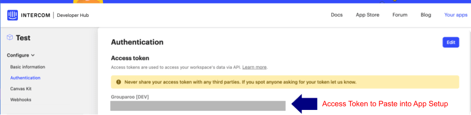 Paste Access Tokens for Intercom