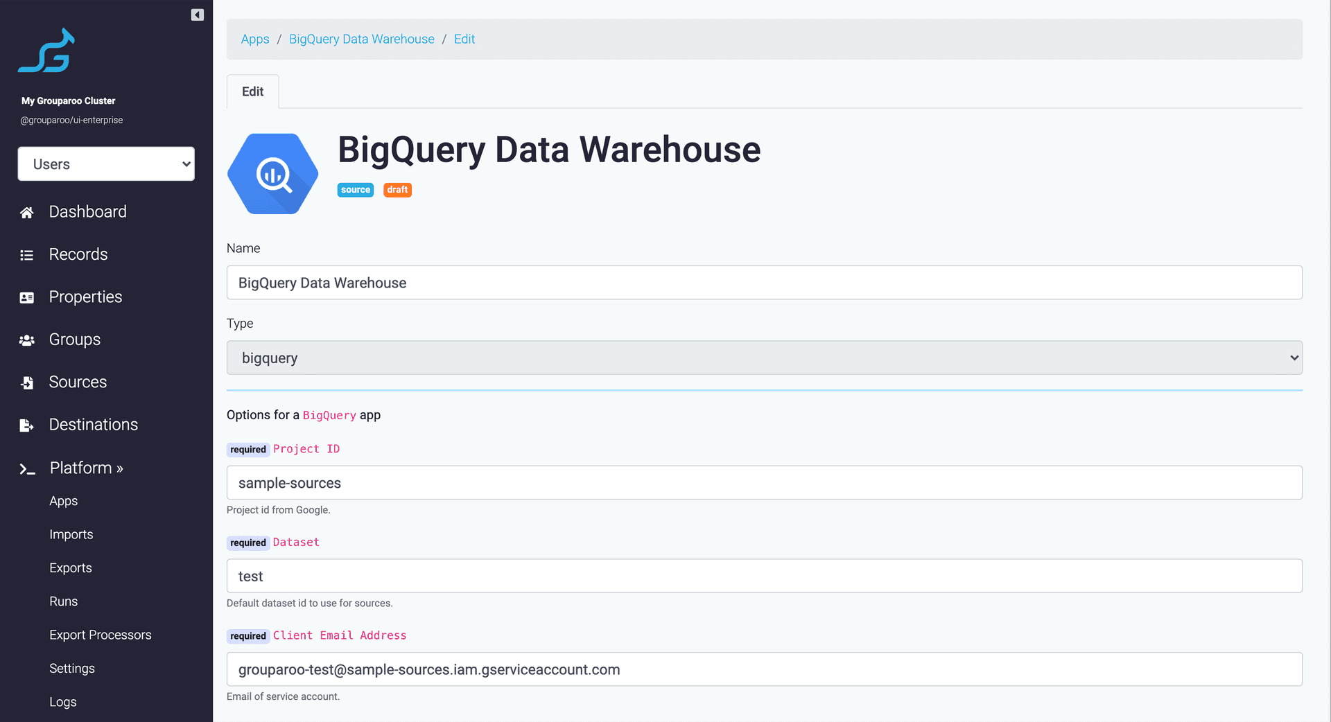 Grouparoo BigQuery settings