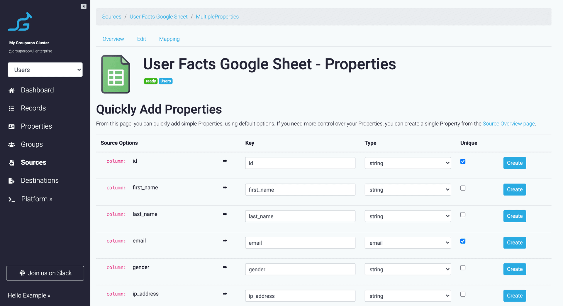 Grouparoo add Property settings