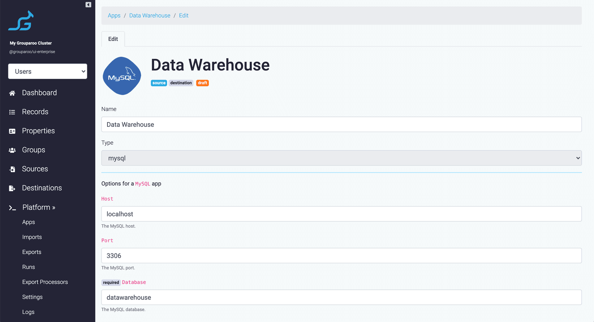 Grouparoo MySQL settings