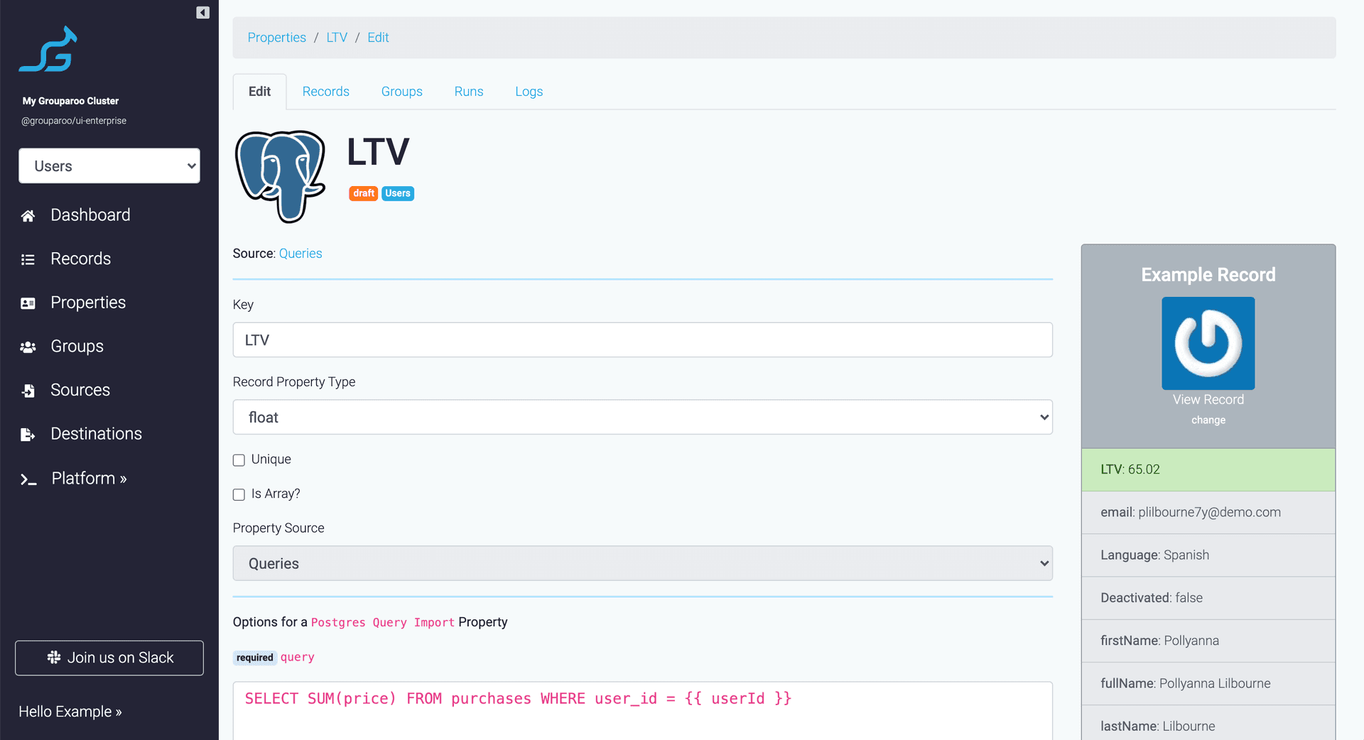 Grouparoo Query Source settings